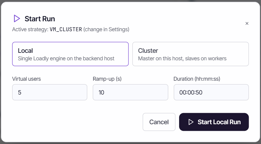 The Start Run dialog with Local and Cluster options