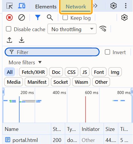 Chrome DevTools with the Network tab highlighted