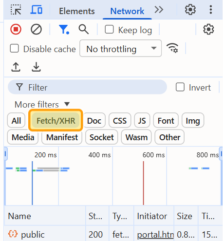 Chrome DevTools with the Fetch/XHR filter highlighted